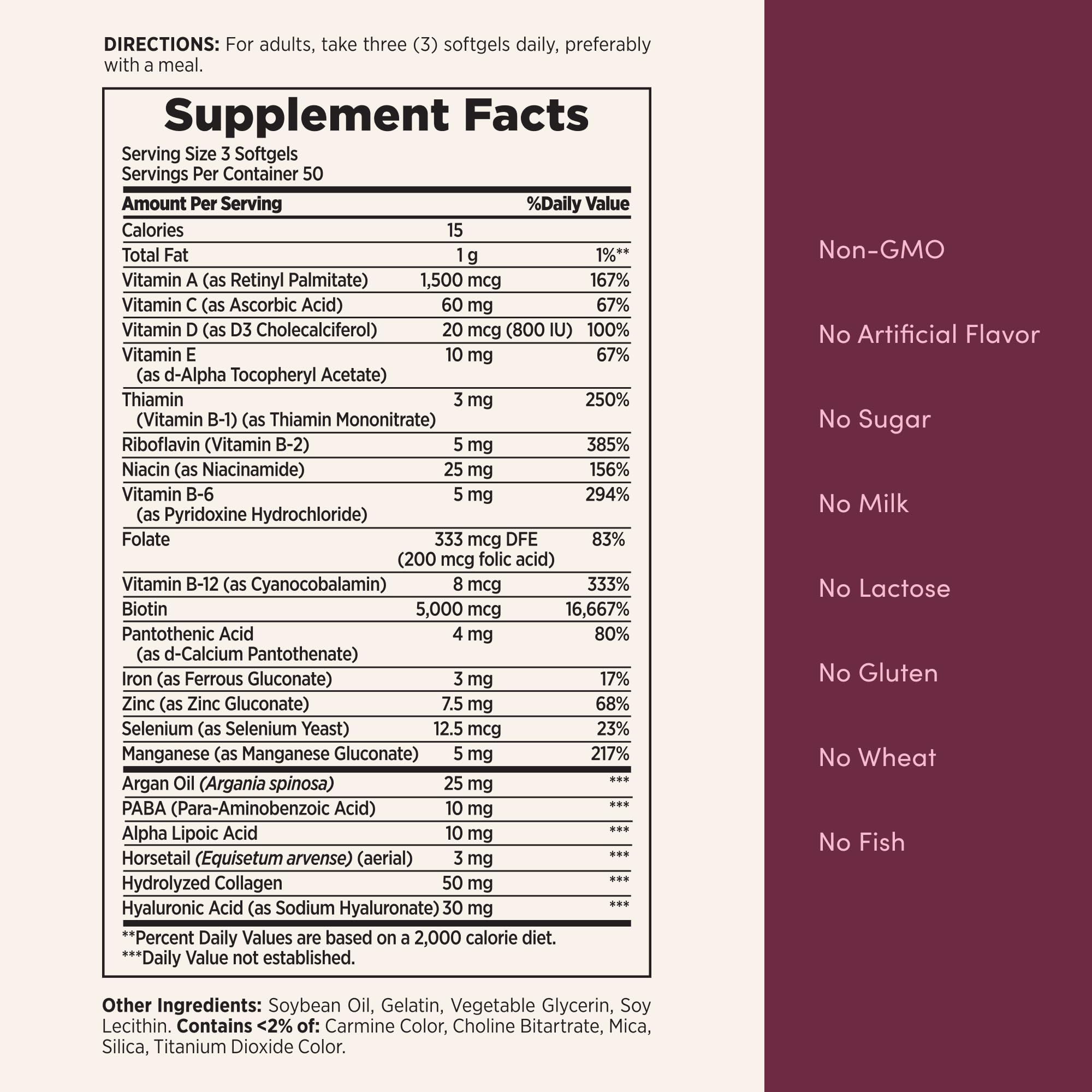Hair Skin Nails Vitamins Biotin Hyaluronic 150 Softgels