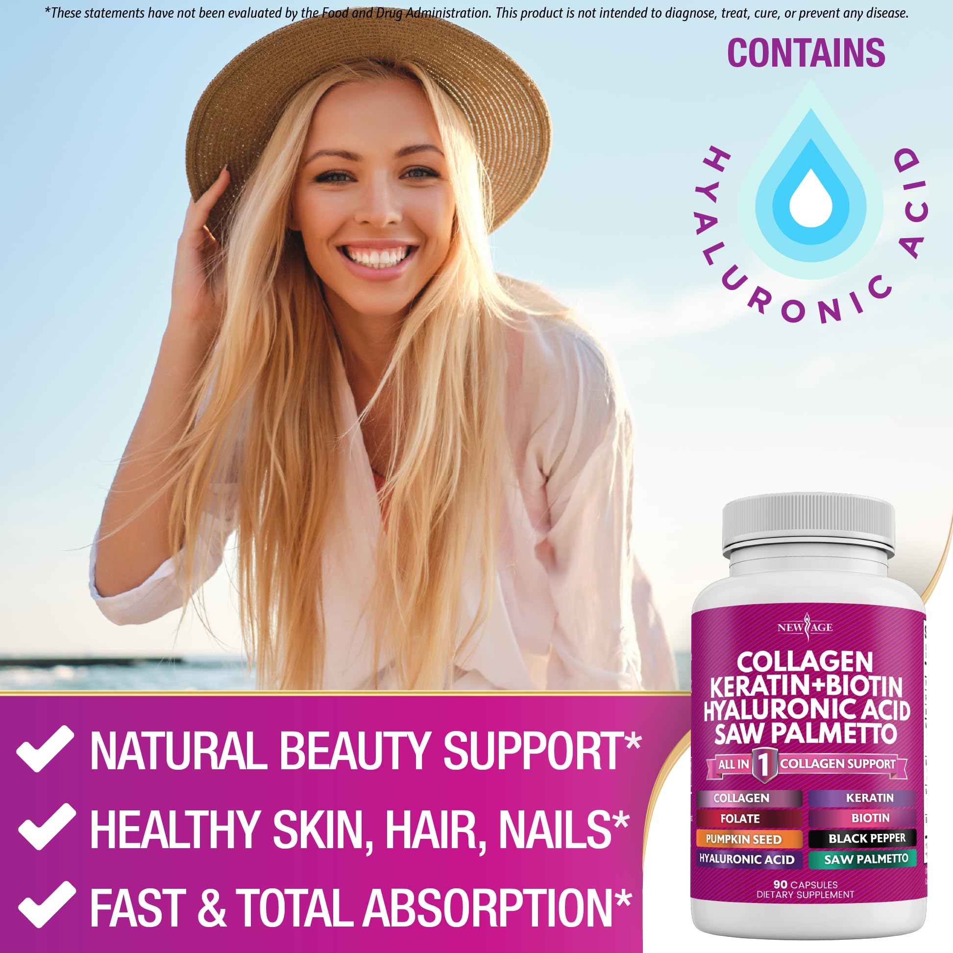 Hair Skin Nails Vitamins Collagen Biotin Keratin 90 Count