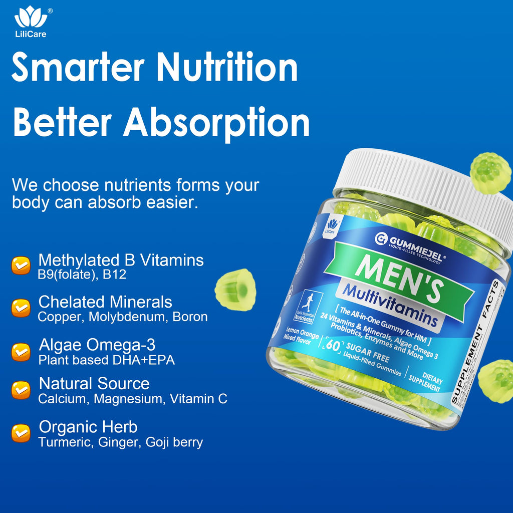 Men's Multivitamin Gummies – B Complex, Omega 3, Probiotic, Sugar Free, 60ct