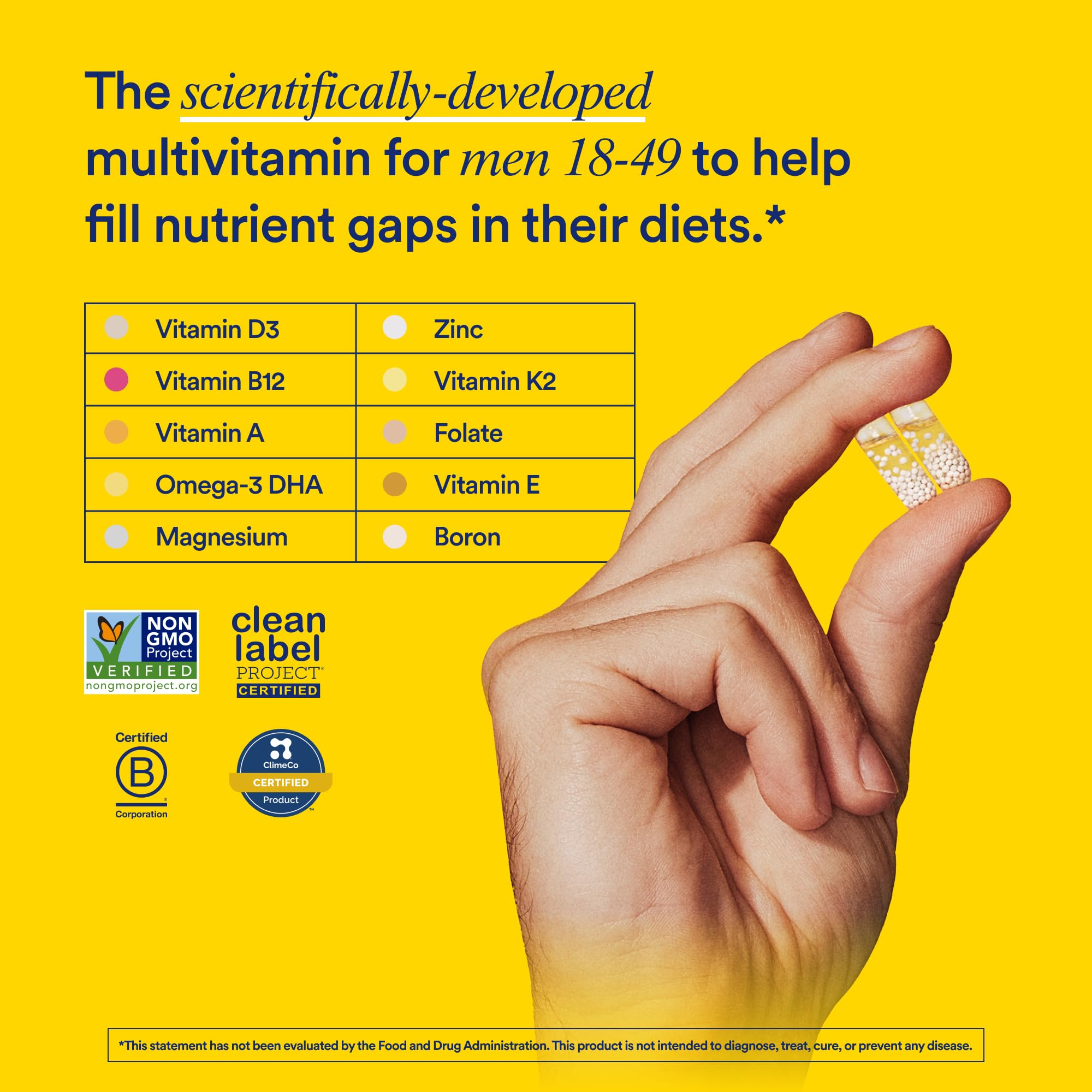 Men's Daily Multivitamin – Omega-3, D3, B12, Zinc, Vegan, Non-GMO, 30 Day Supply