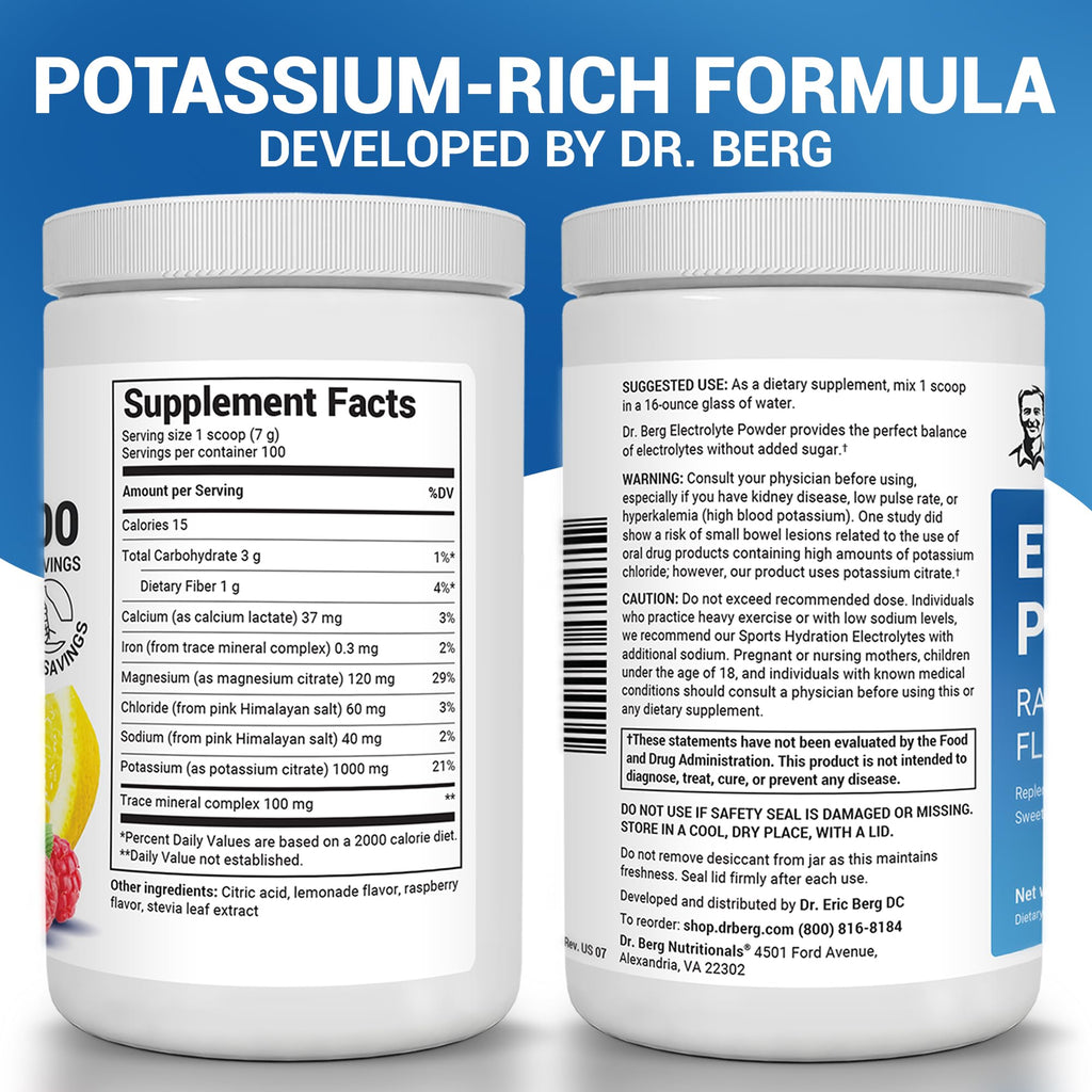 Electrolyte Powder 1000mg Potassium – Zero Sugar, 100 Servings