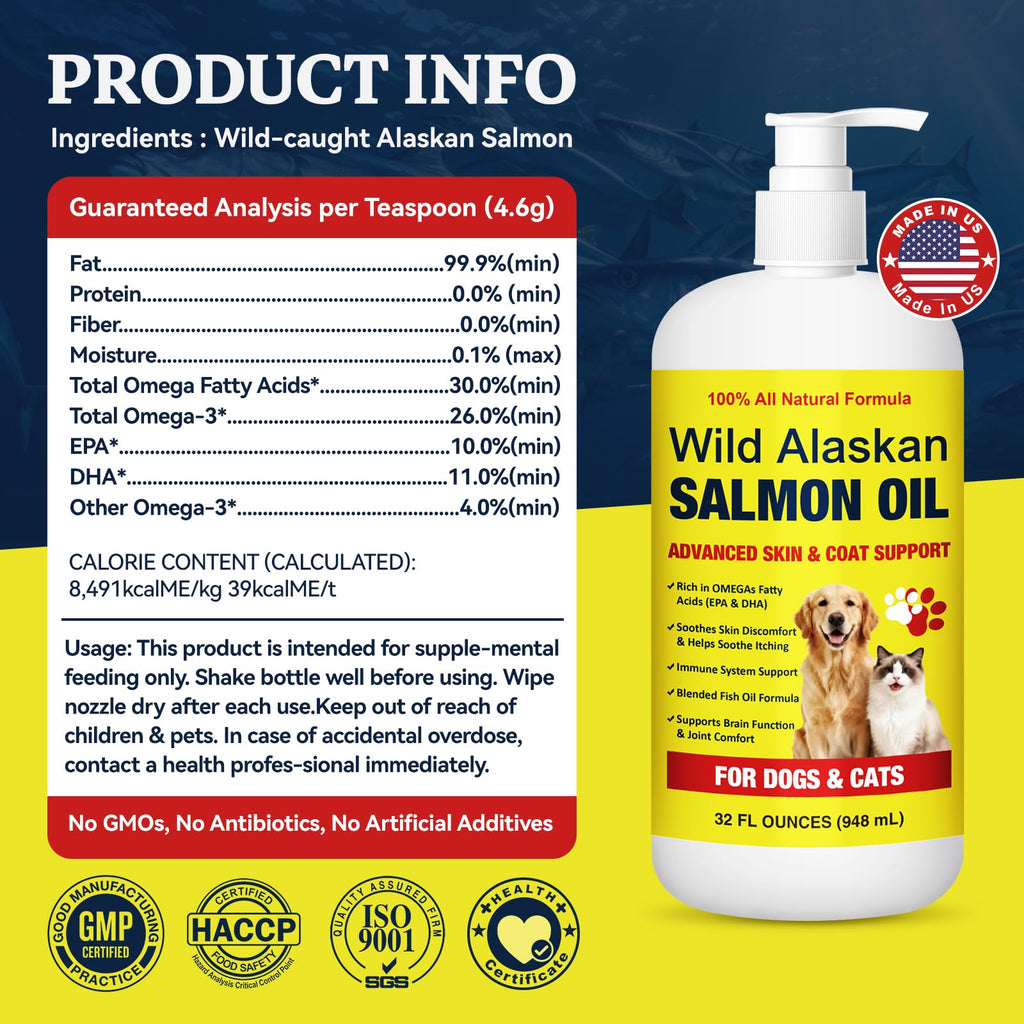 Wild Alaskan Salmon Oil for Dogs & Cats – Omega-3 EPA & DHA 32oz