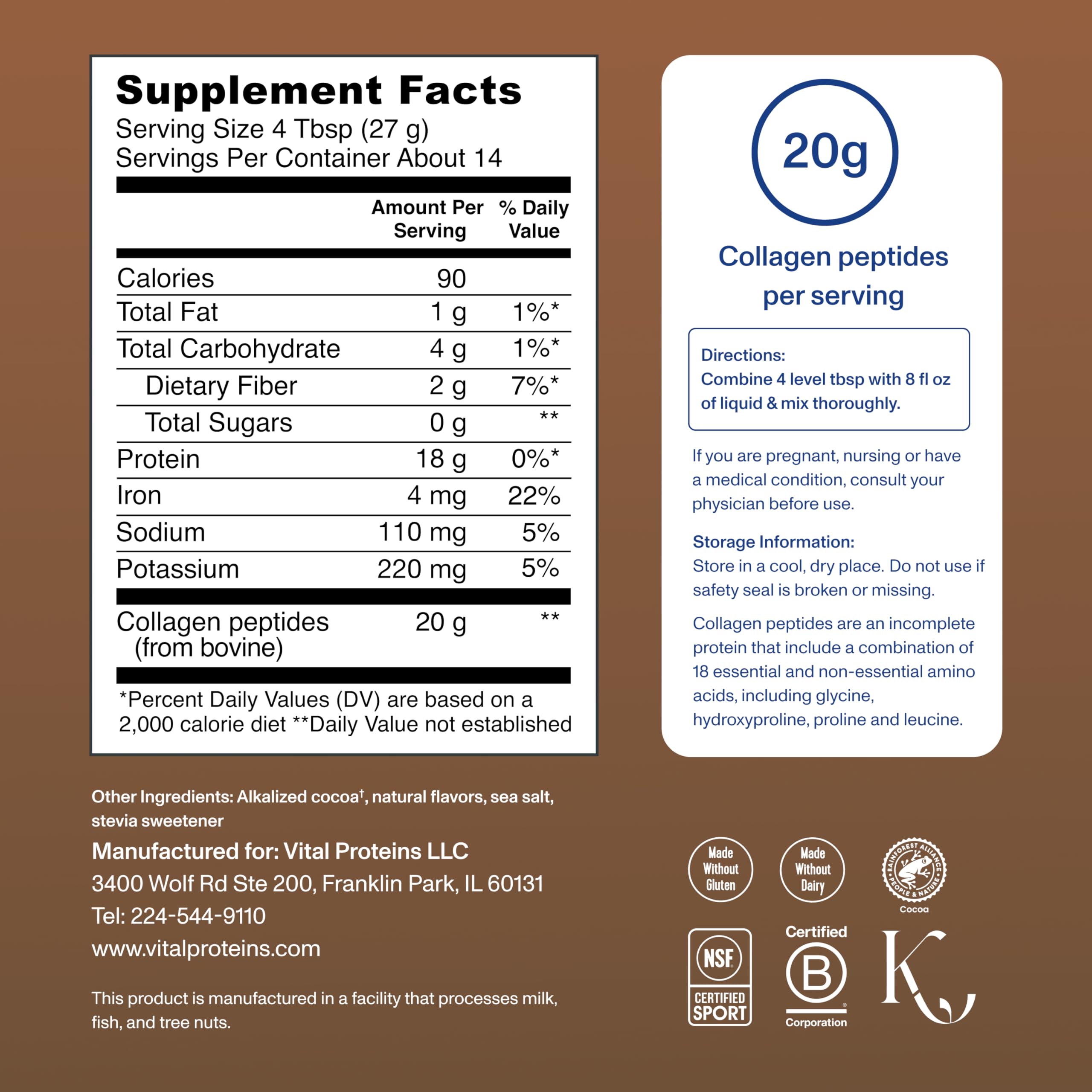 Chocolate Collagen Peptides Powder Hair Skin Joint Support 13.5oz