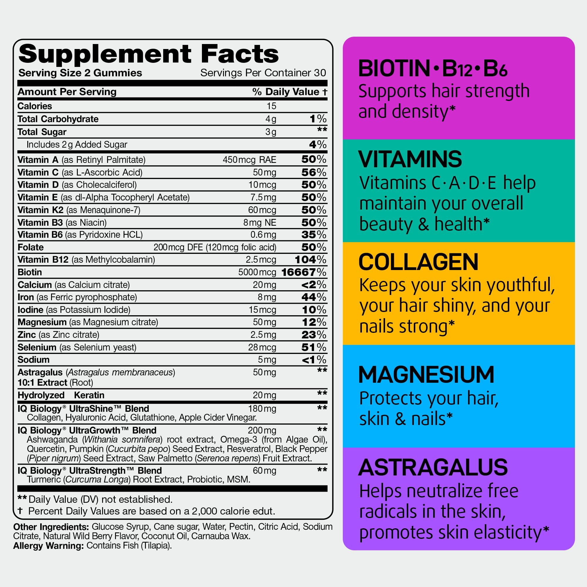 Biotin Gummies Hair Growth Collagen Keratin DHT 60 Count