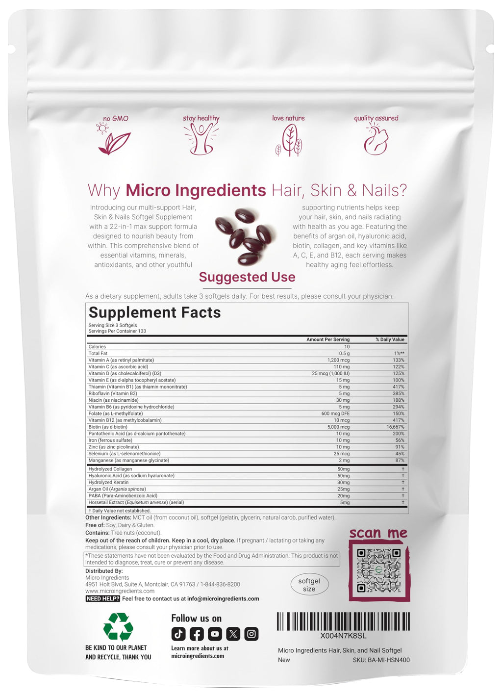 Hair Skin Nails Vitamins Biotin Collagen 400 Softgels