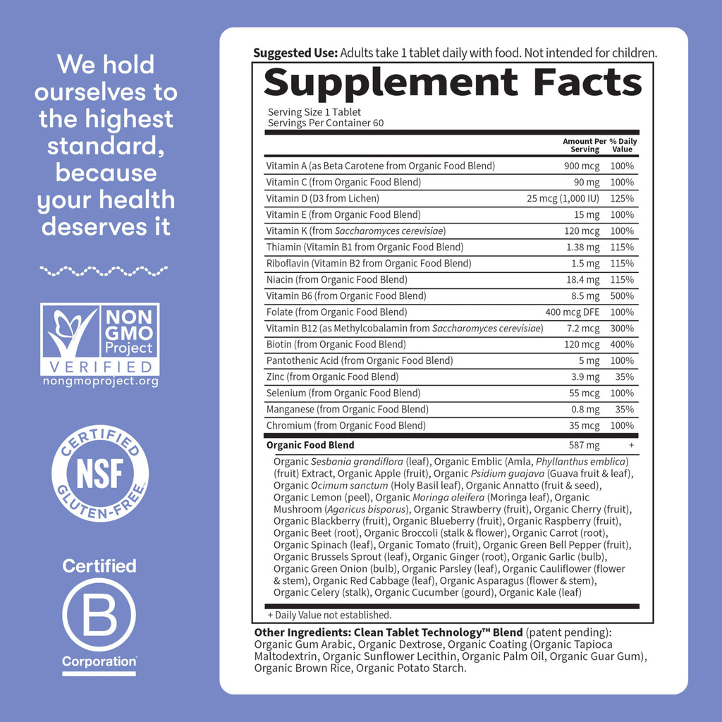Men's Whole Food Daily Multivitamin – Organic, Vitamin C, Zinc, Vegan, 60 Tablets