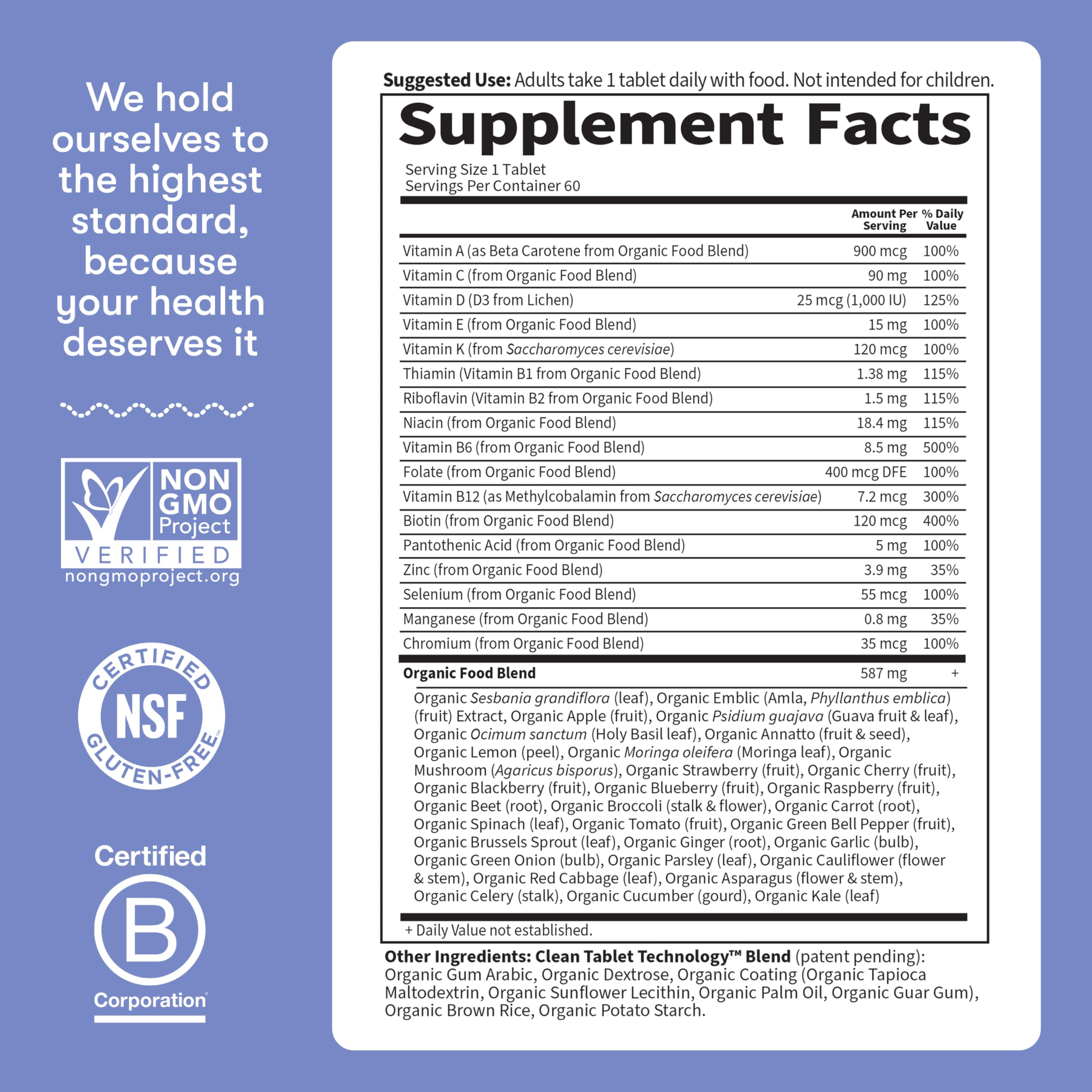 Men's Whole Food Daily Multivitamin – Organic, Vitamin C, Zinc, Vegan, 60 Tablets