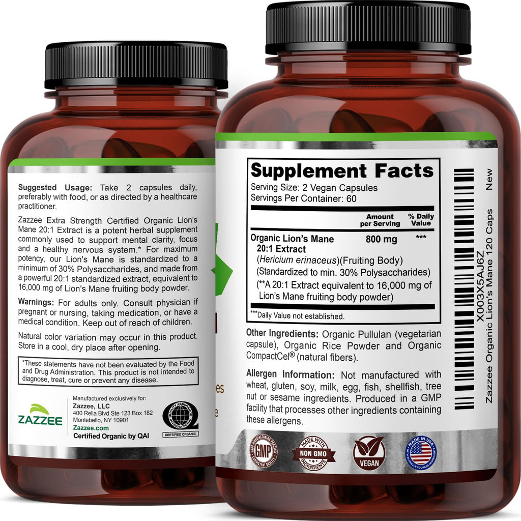 Lion’s Mane Extract 20:1 Capsules for Brain, Focus & Memory Support 120 Ct