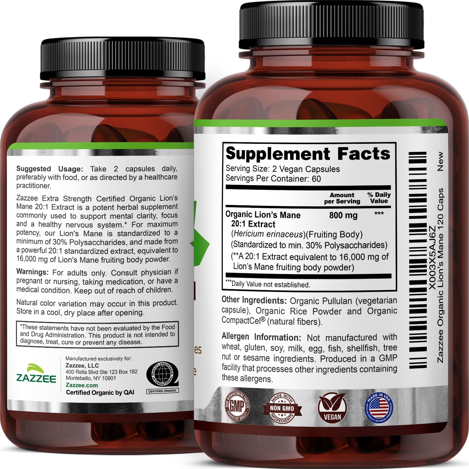 Lion’s Mane Extract 20:1 Capsules for Brain, Focus & Memory Support 120 Ct