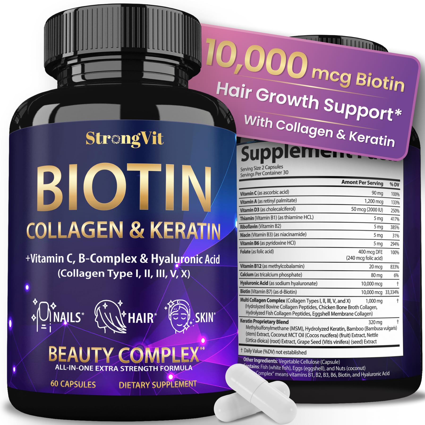 Biotin 10000mcg Hair Skin Nails Collagen 60 Capsules