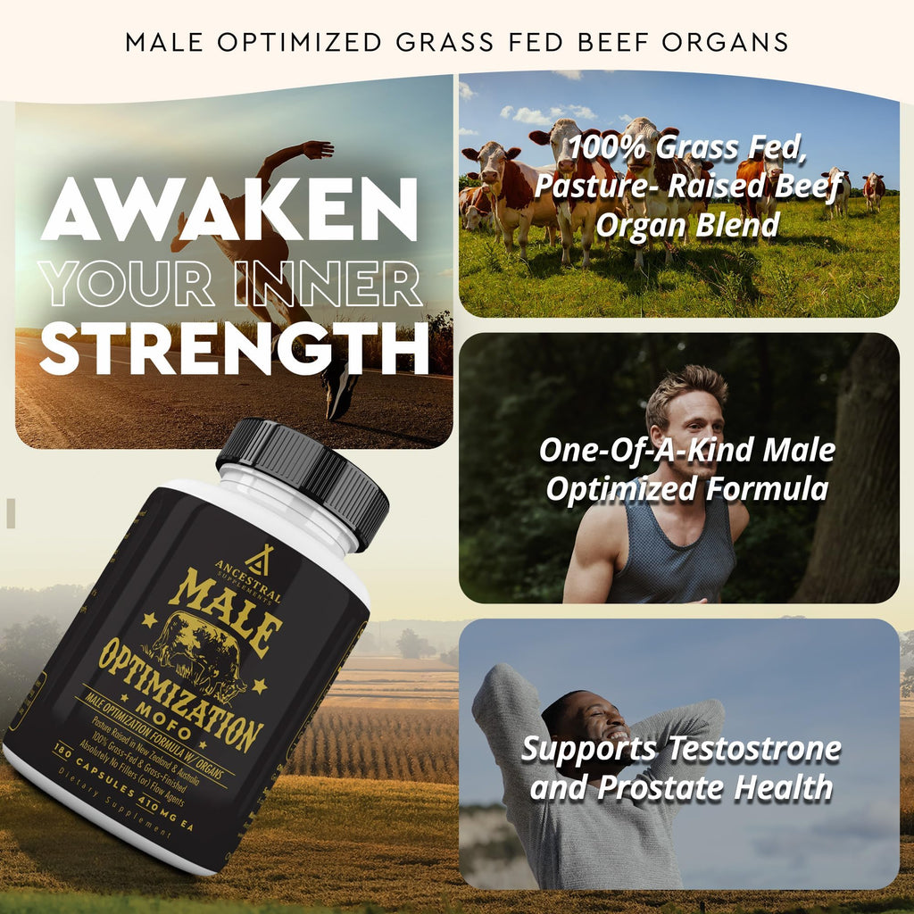 Grass-Fed Beef Organ Testosterone Supplement for Men – Energy & Vitality, 180 Capsules