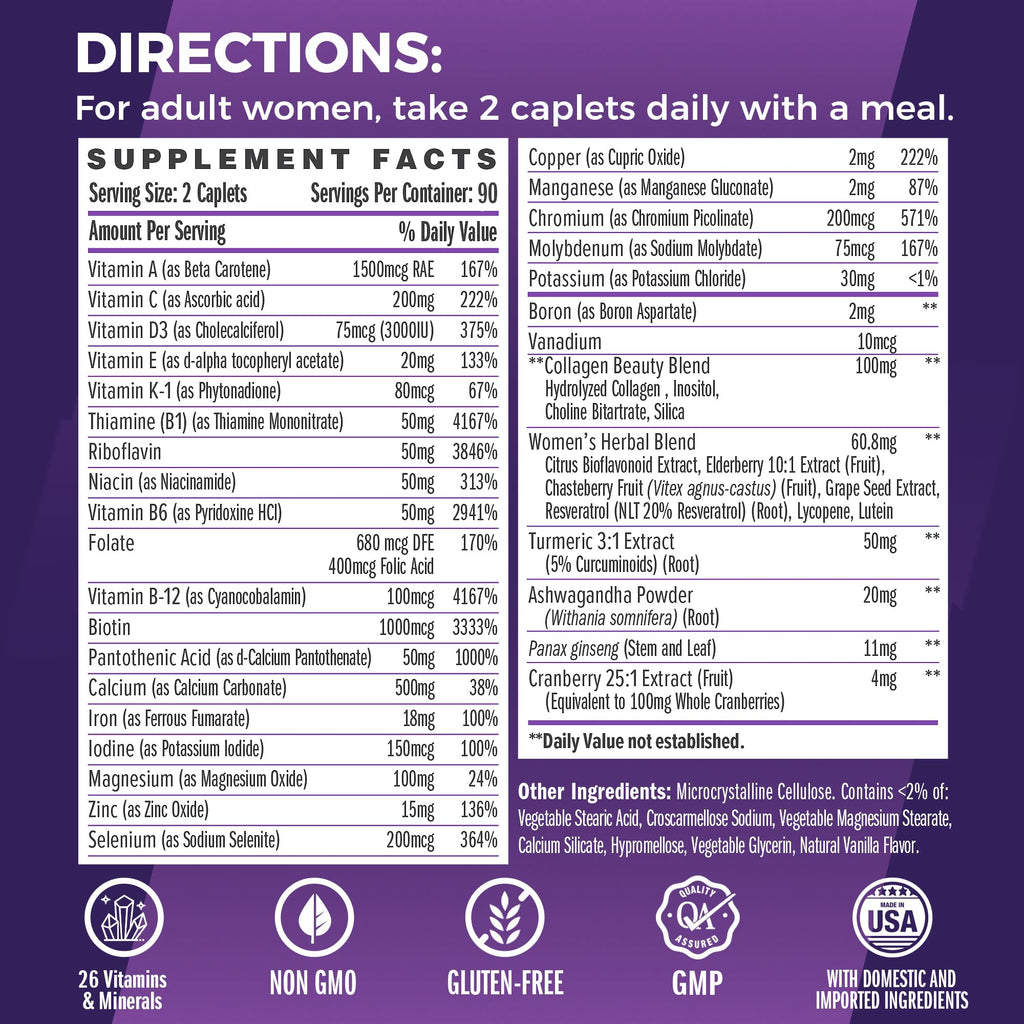 Women’s Multivitamin Collagen Iron Energy Support 180 Caplets