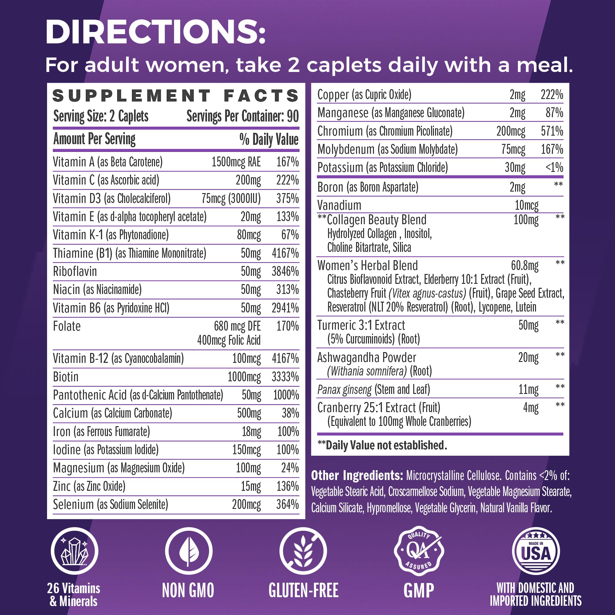 Women’s Multivitamin Collagen Iron Energy Support 180 Caplets