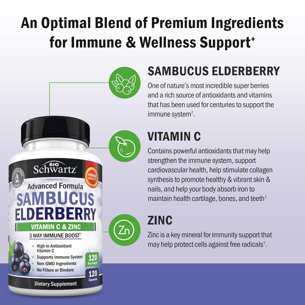 Elderberry Capsules with Vitamin C & Zinc for Immune Support 120 Ct