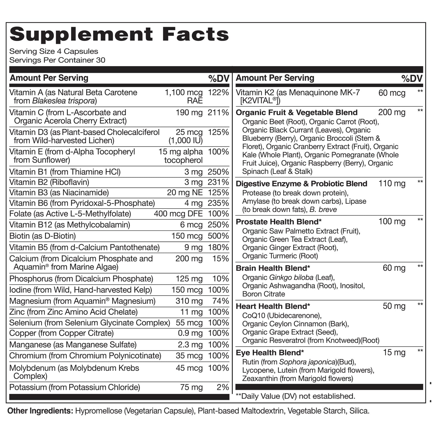 Men's 50+ Whole Food Multivitamin – Organic Herbs, Vegan, Energy & Heart Health, 120 Capsules
