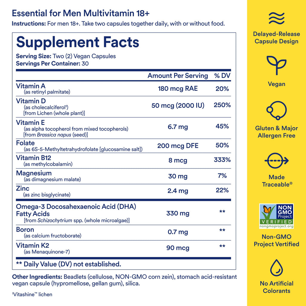 Men's Daily Multivitamin – Omega-3, D3, B12, Zinc, Vegan, Non-GMO, 30 Day Supply
