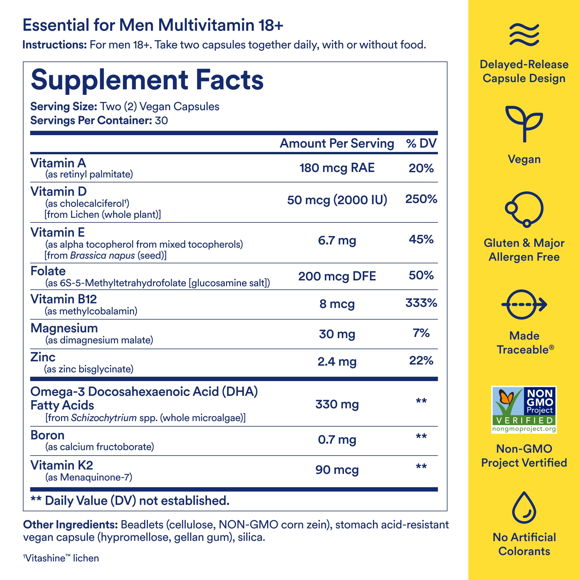 Men's Daily Multivitamin – Omega-3, D3, B12, Zinc, Vegan, Non-GMO, 30 Day Supply