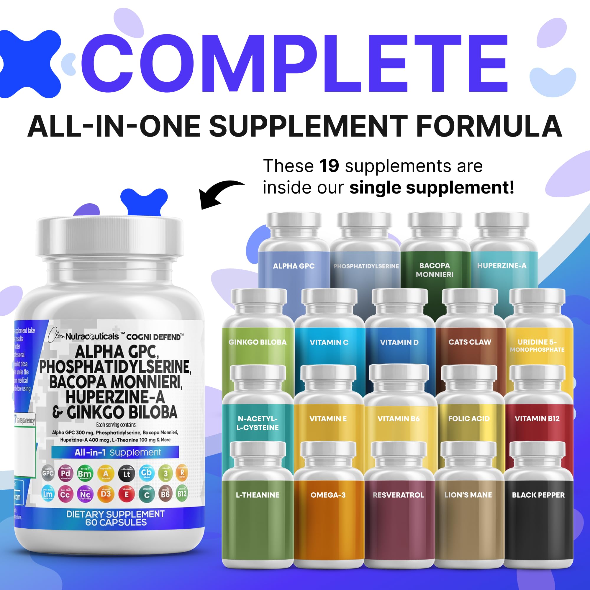 Nootropic Brain Supplement with Alpha GPC, Bacopa & Ginkgo for Focus & Memory