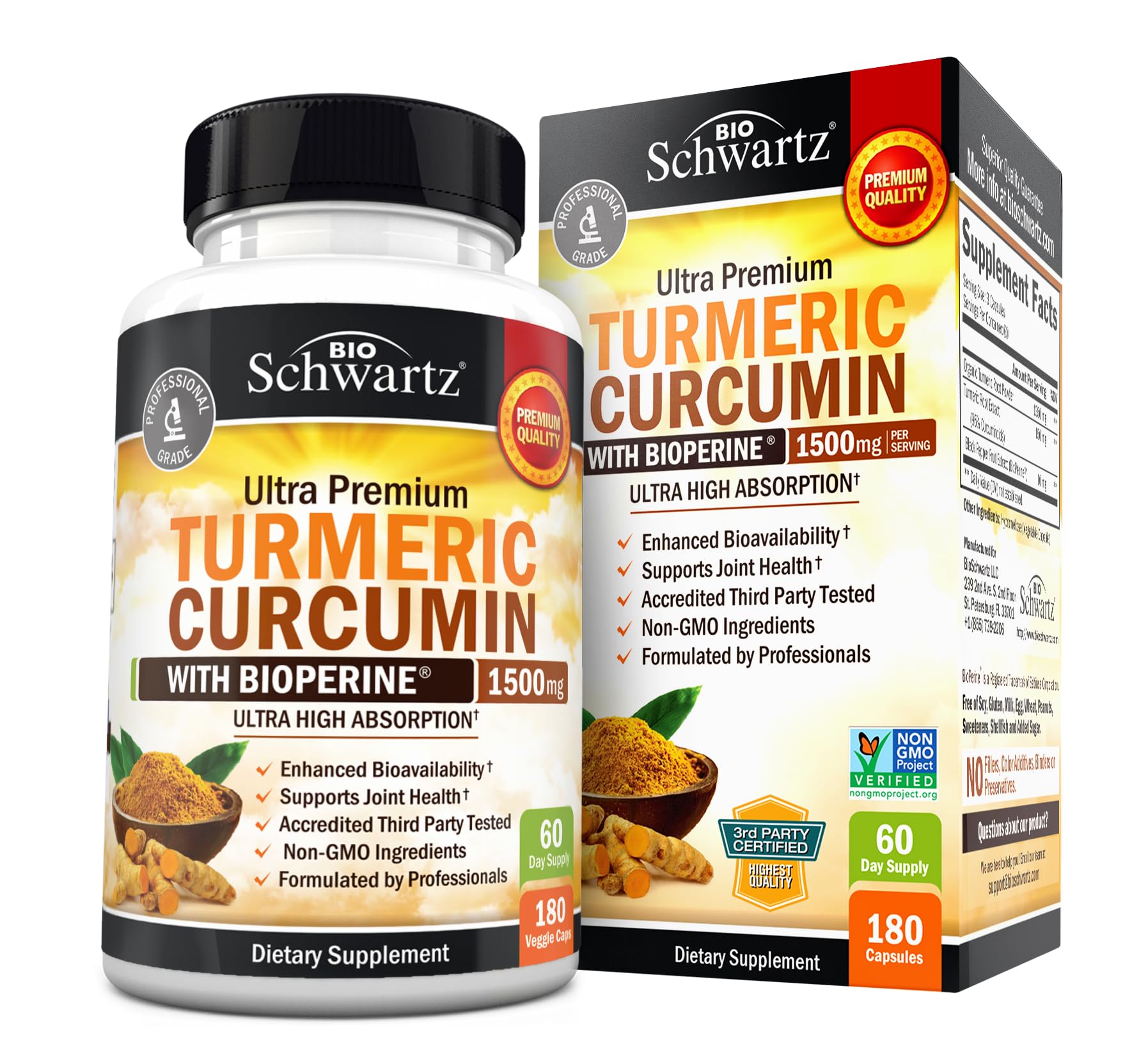 Turmeric Curcumin 1500mg Capsules with Black Pepper for Joint Support 180 Ct