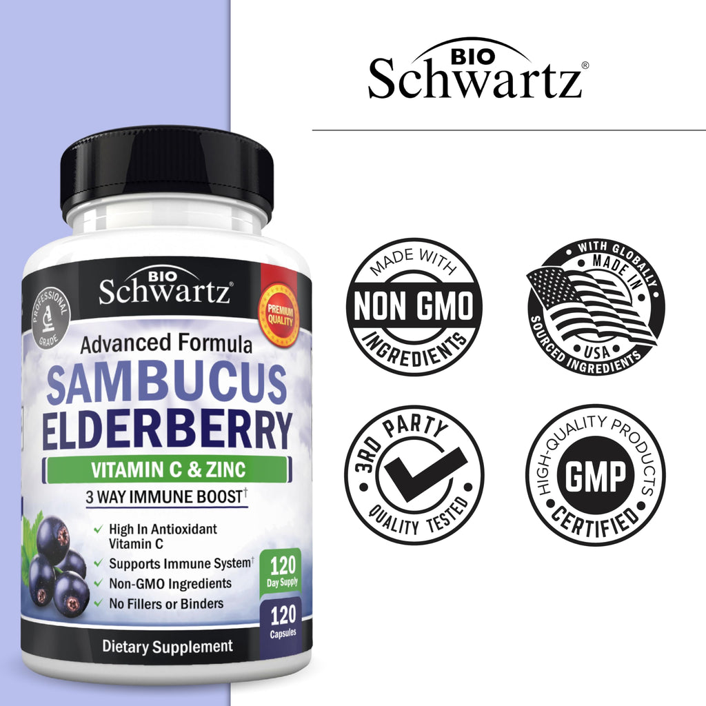 Elderberry Capsules with Vitamin C & Zinc for Immune Support 120 Ct