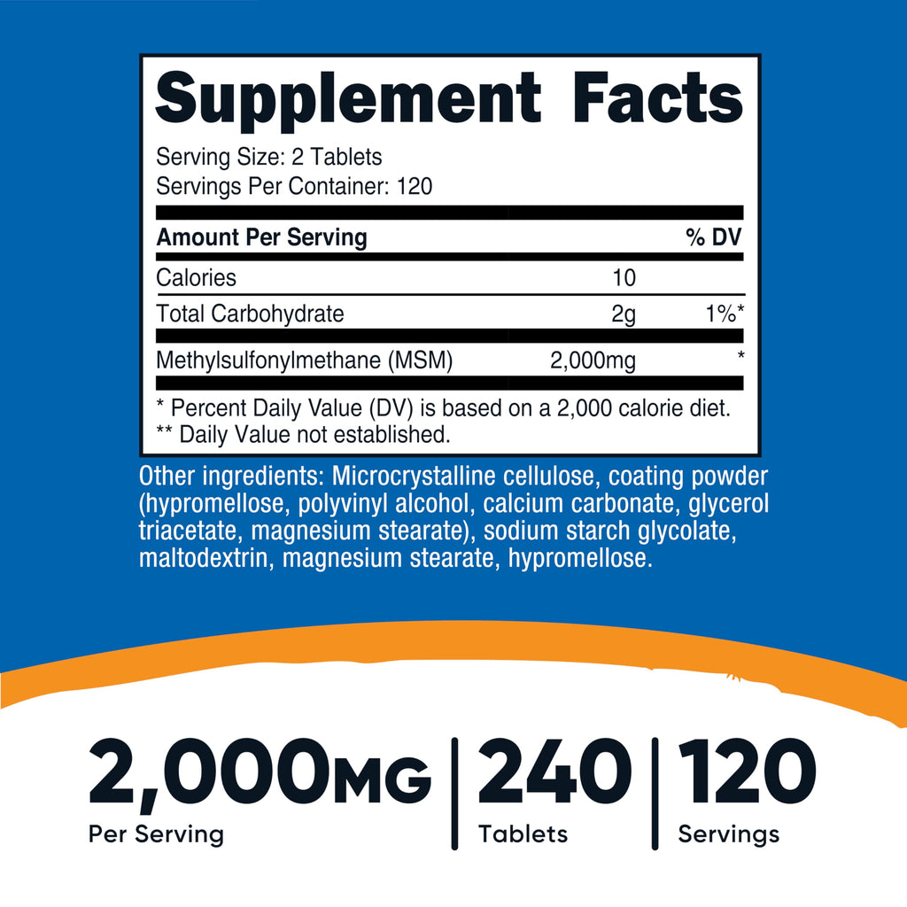 MSM 2000mg Tablets for Joint Health, Mobility & Recovery Support 240 Ct