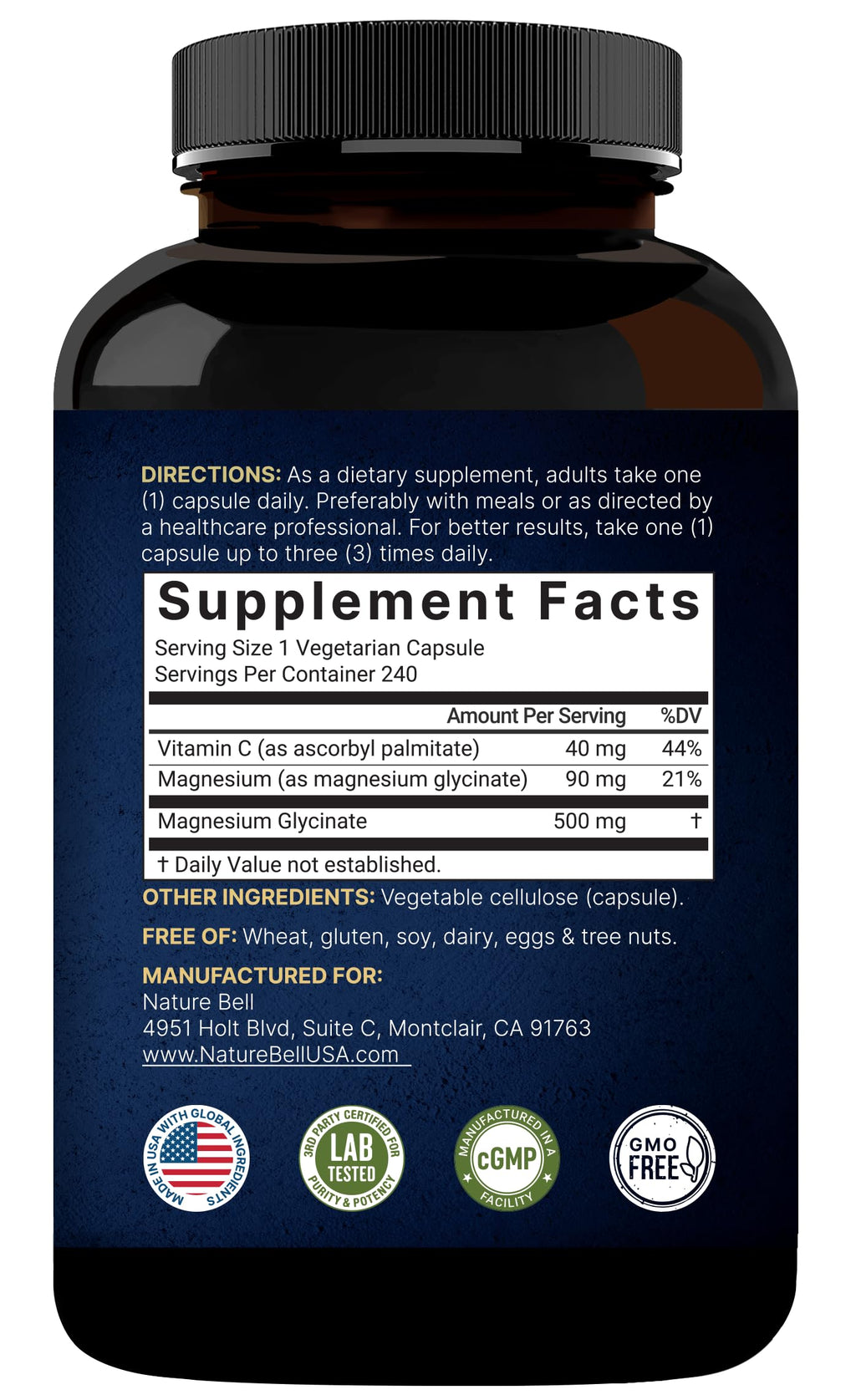 Magnesium Glycinate 500mg – High Absorption, 240 Capsules