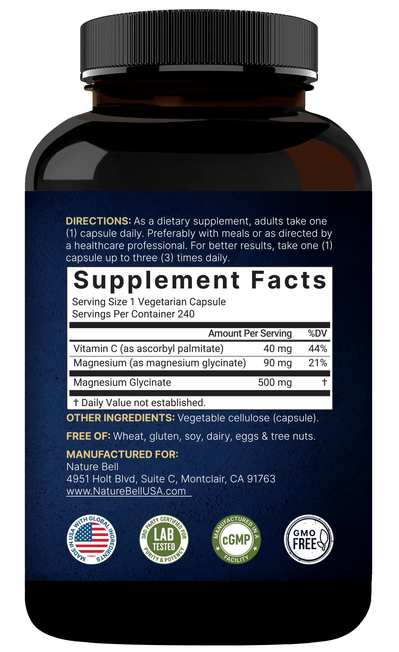 Magnesium Glycinate 500mg – High Absorption, 240 Capsules
