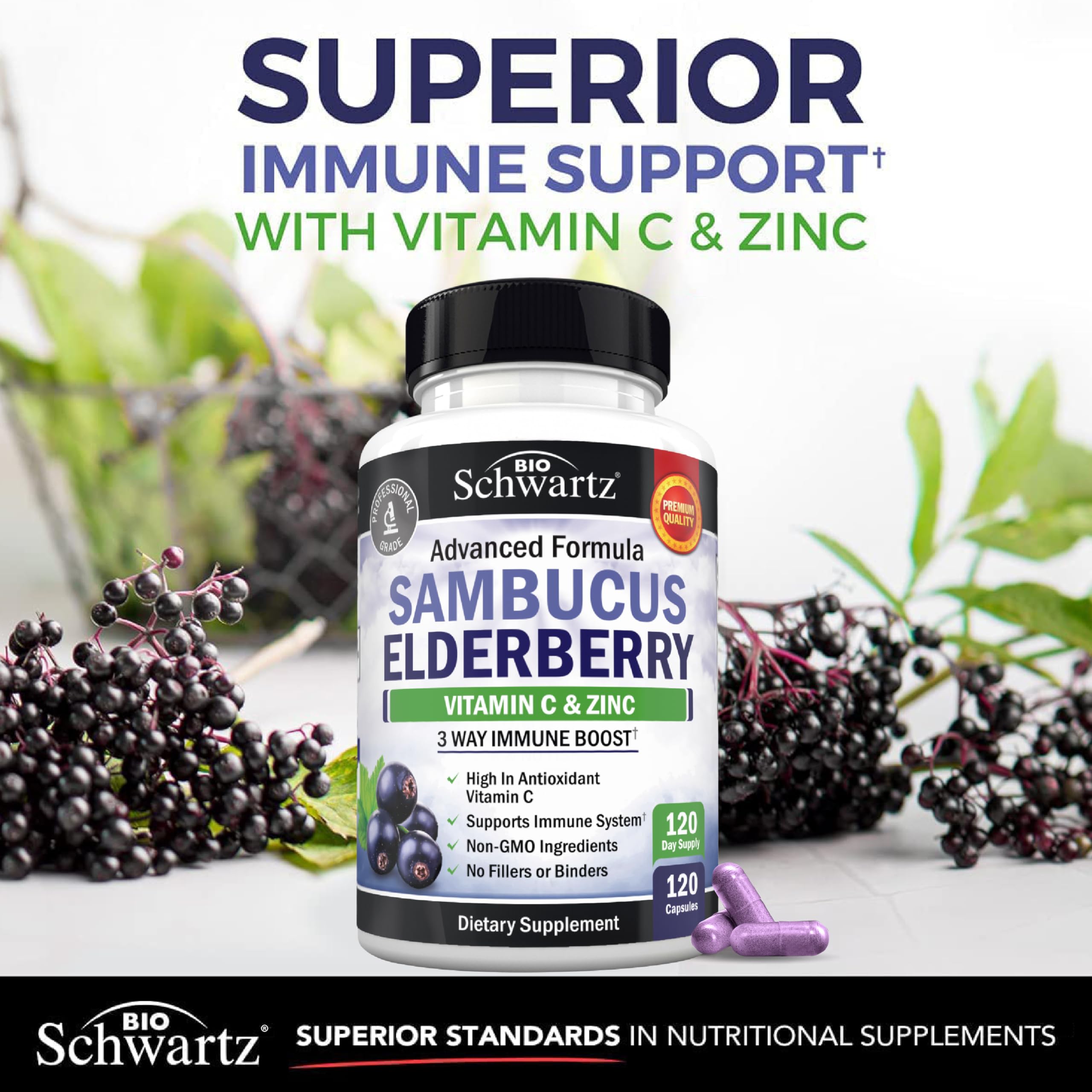Elderberry Capsules with Vitamin C & Zinc for Immune Support 120 Ct
