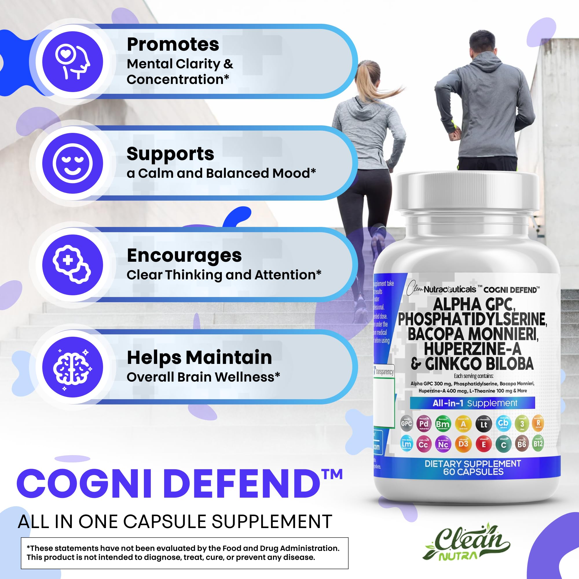 Nootropic Brain Supplement with Alpha GPC, Bacopa & Ginkgo for Focus & Memory