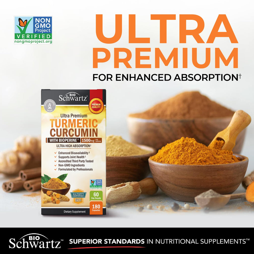 Turmeric Curcumin 1500mg Capsules with Black Pepper for Joint Support 180 Ct