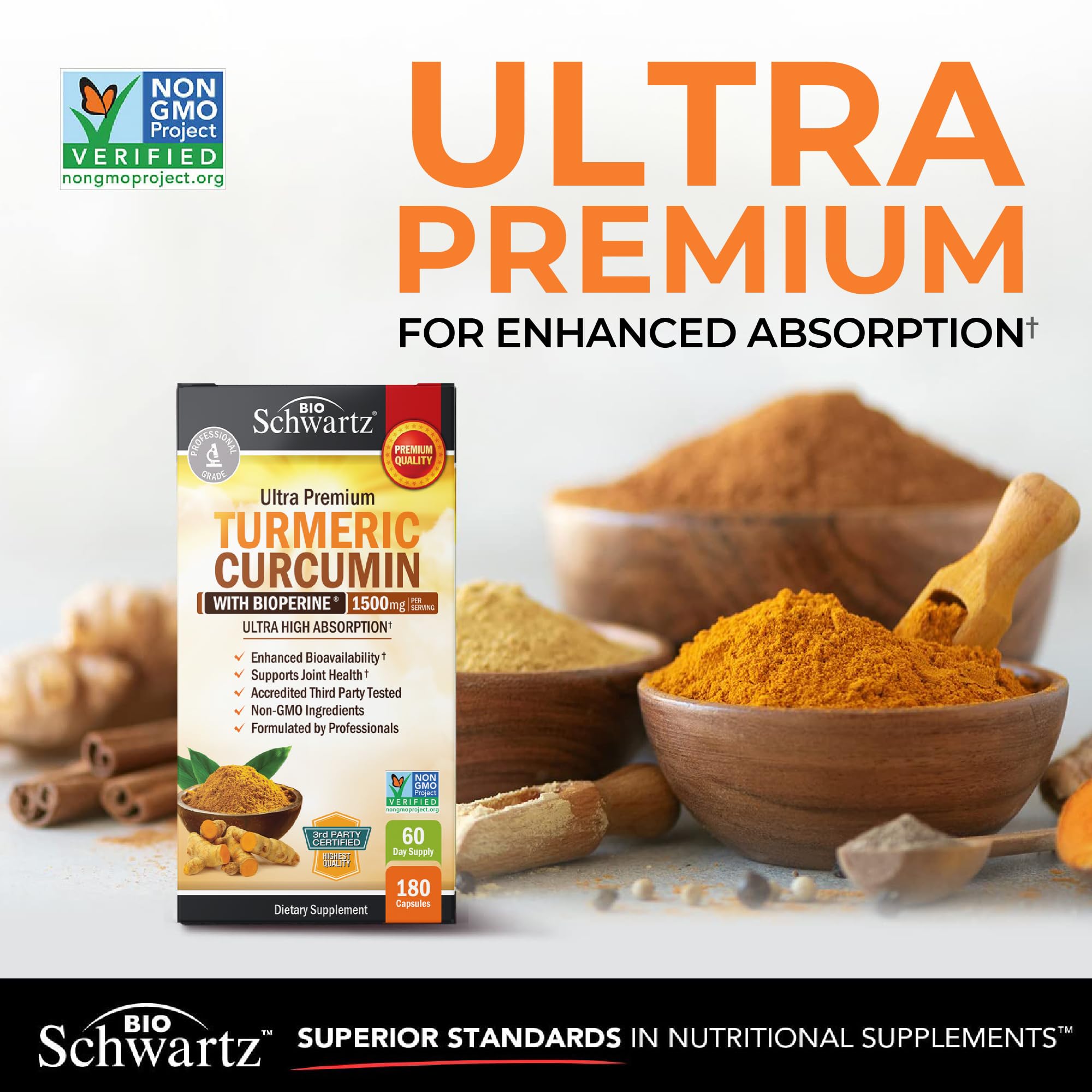 Turmeric Curcumin 1500mg Capsules with Black Pepper for Joint Support 180 Ct