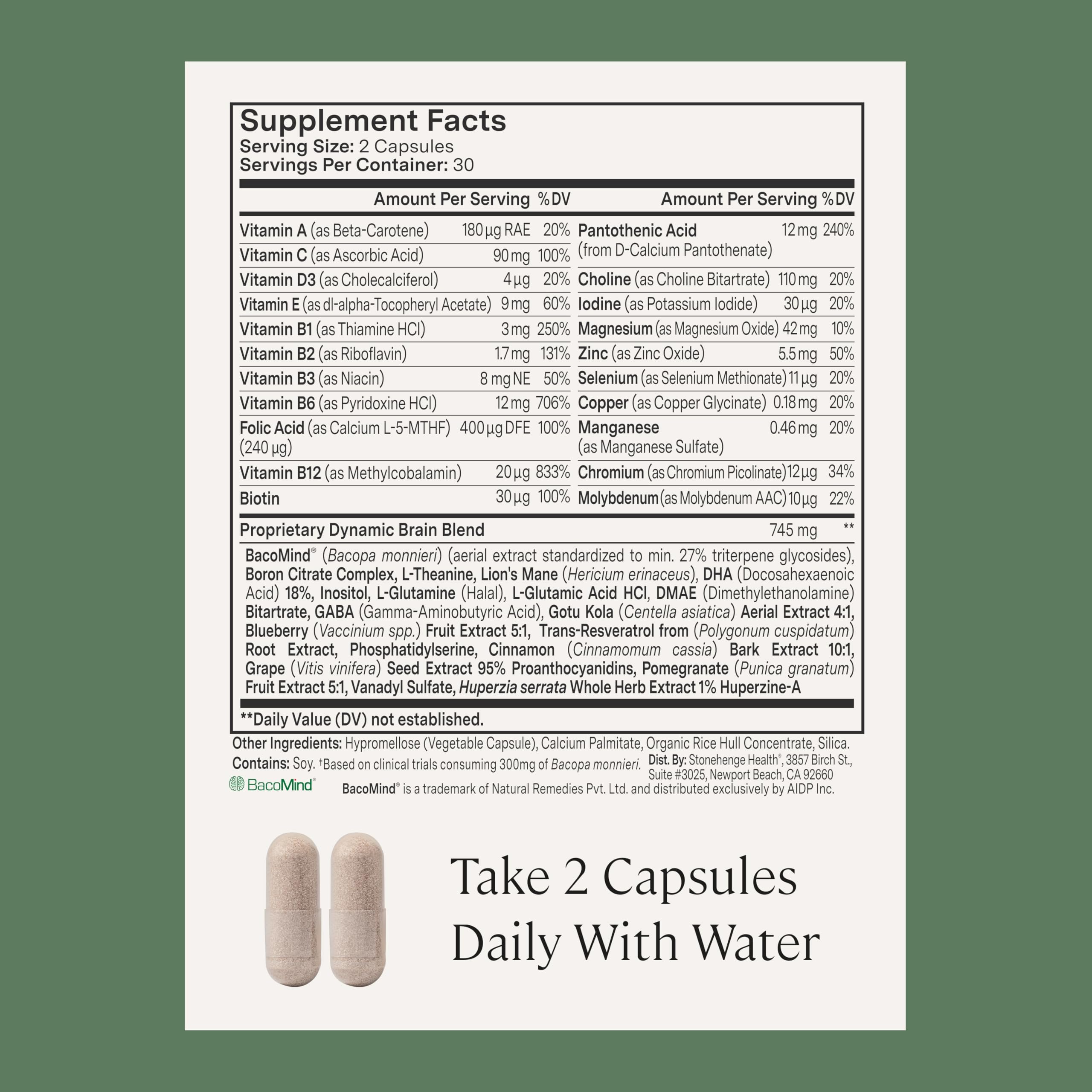 Brain Support Supplement with Bacopa, DHA & Choline for Memory & Focus