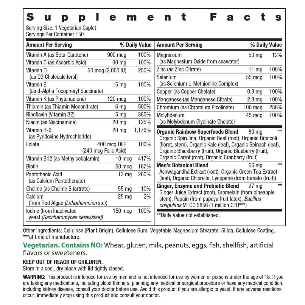 Men's Daily Multivitamin – Vitamins C, D & Zinc, Probiotics, Energy & Immune, 150 Caplets
