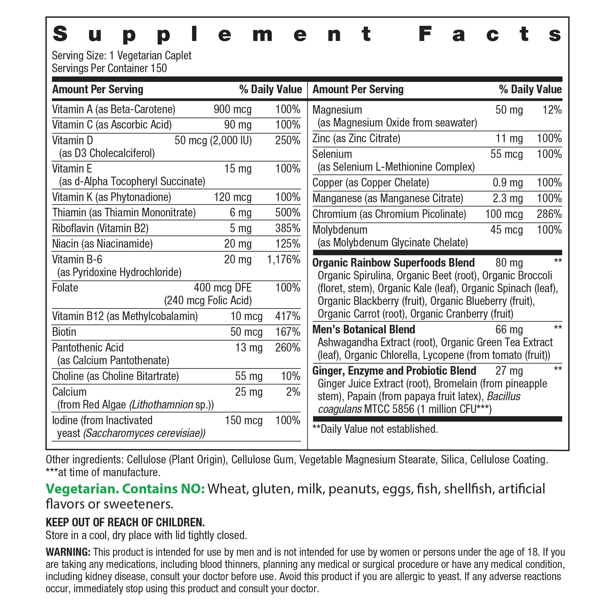 Men's Daily Multivitamin – Vitamins C, D & Zinc, Probiotics, Energy & Immune, 150 Caplets
