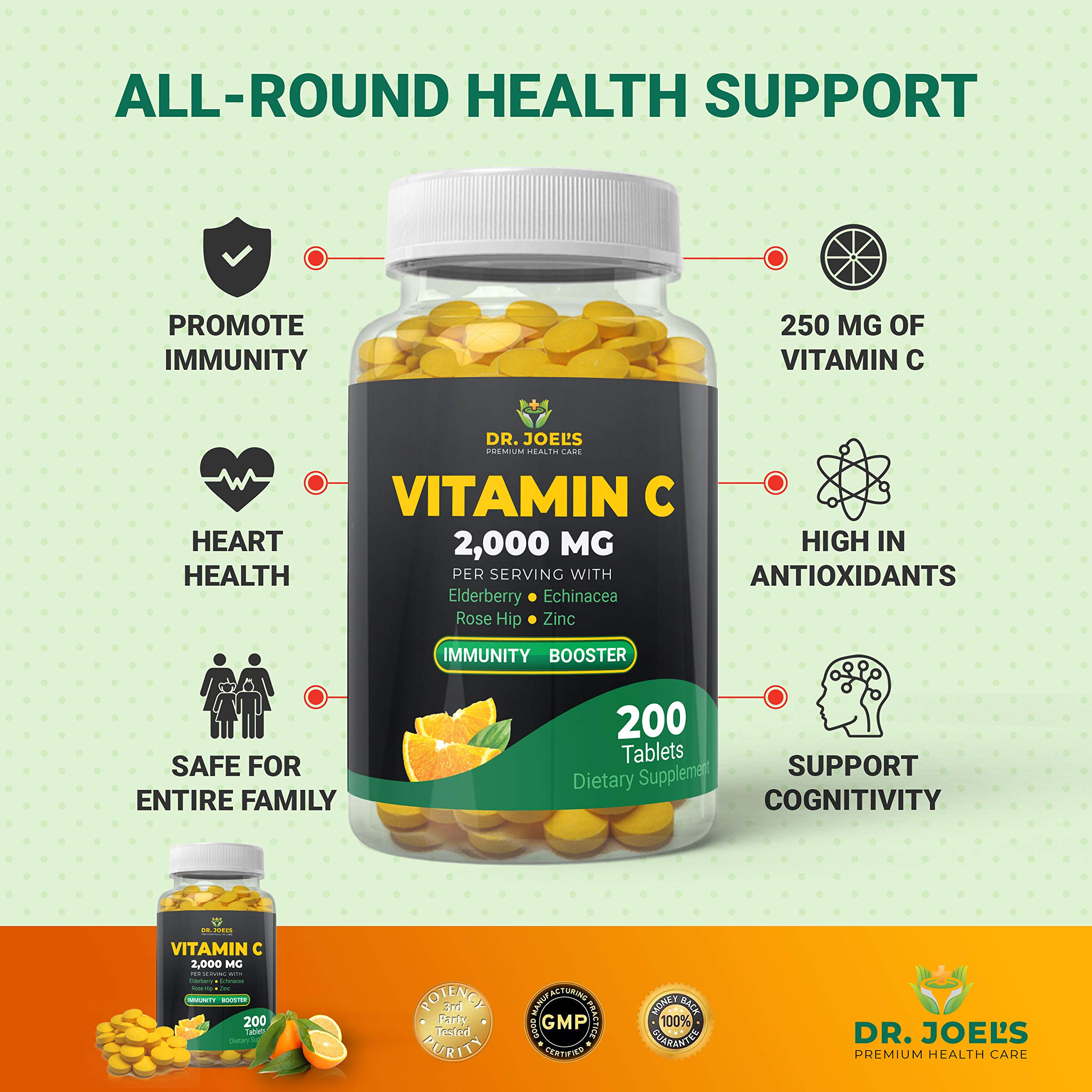 Vitamin C 2000mg Tablets with Zinc & Elderberry for Immune Support 200 Ct