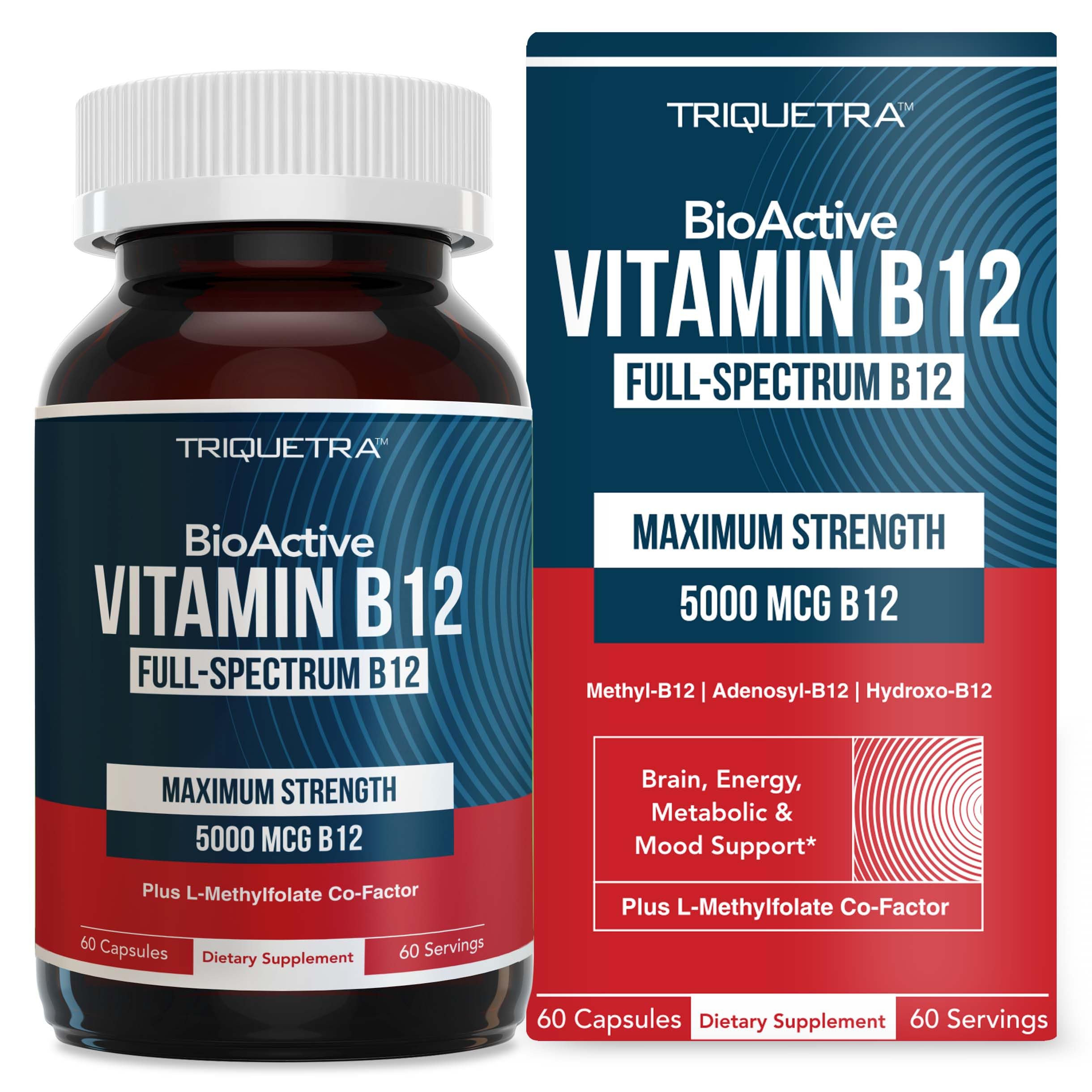 Vitamin B12 5000 mcg Complex with Methylfolate – Energy Support, 60 Ct