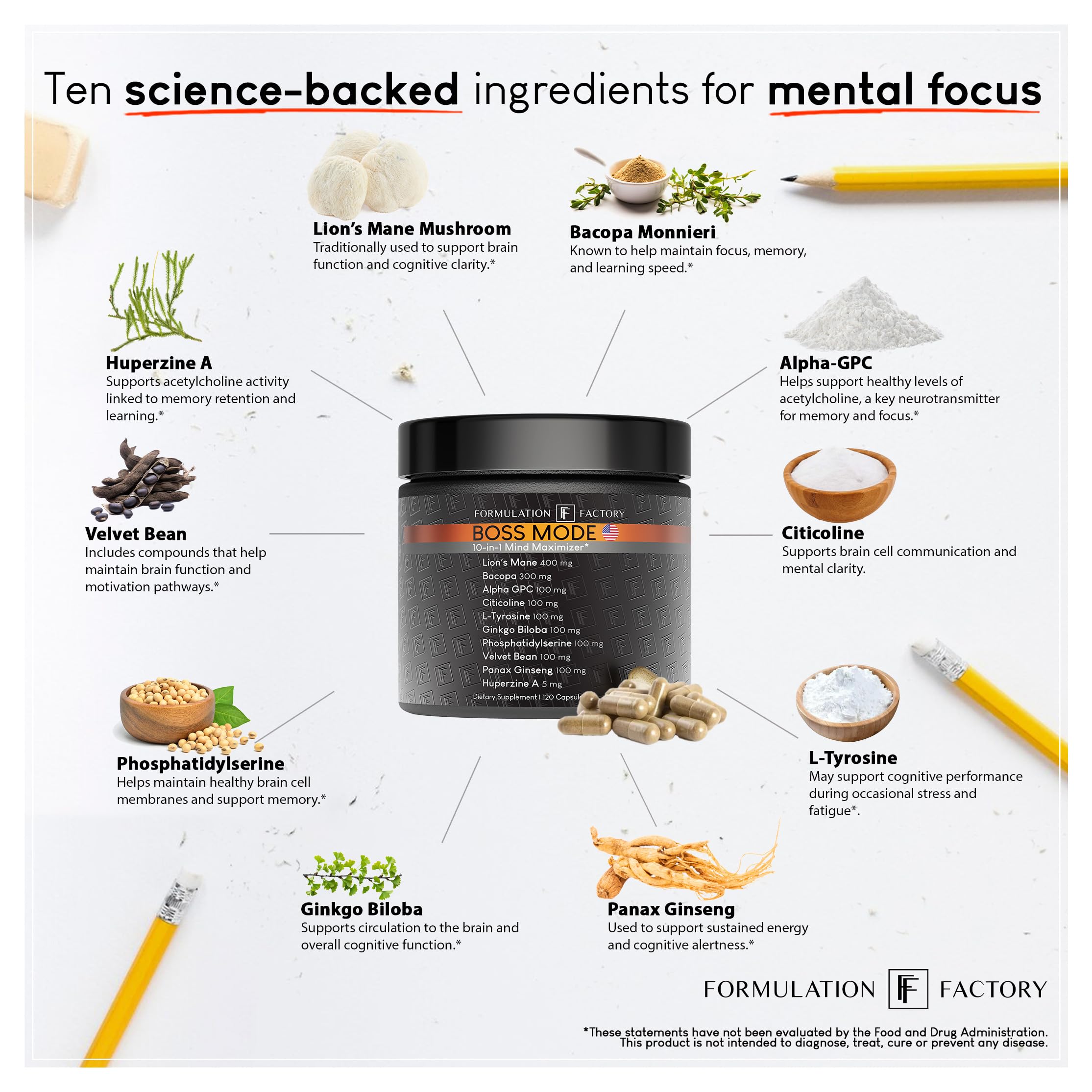 Nootropic Brain Supplement with Lion’s Mane & Alpha GPC for Focus & Memory Support