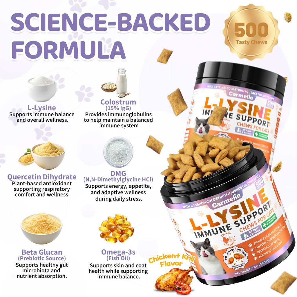 L-Lysine Immune Support Chews for Cats – Colostrum & Omega-3 500ct