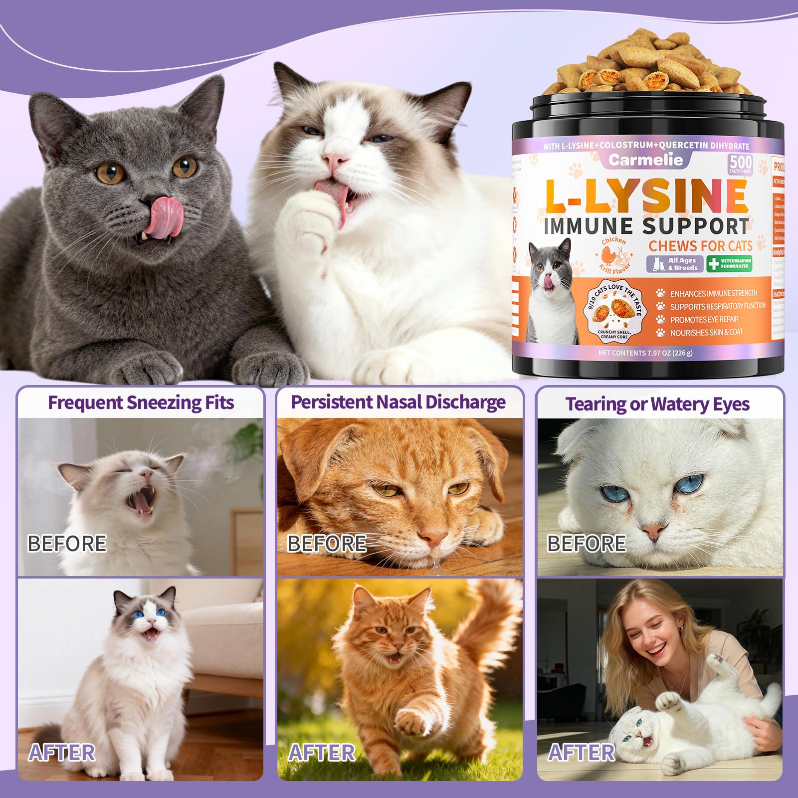L-Lysine Immune Support Chews for Cats – Colostrum & Omega-3 500ct