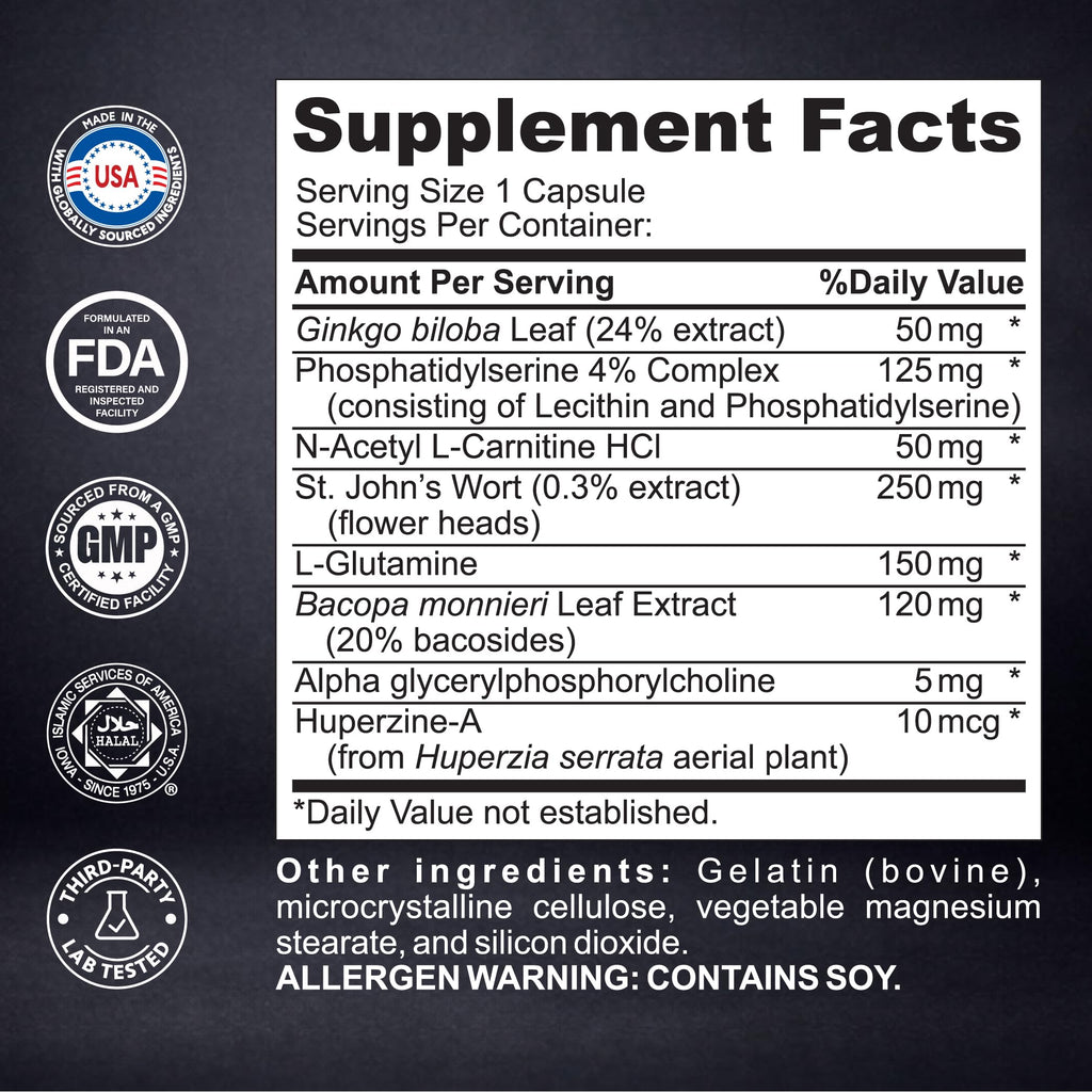Nootropic Brain Supplement with Ginkgo & Huperzine for Memory & Focus Support