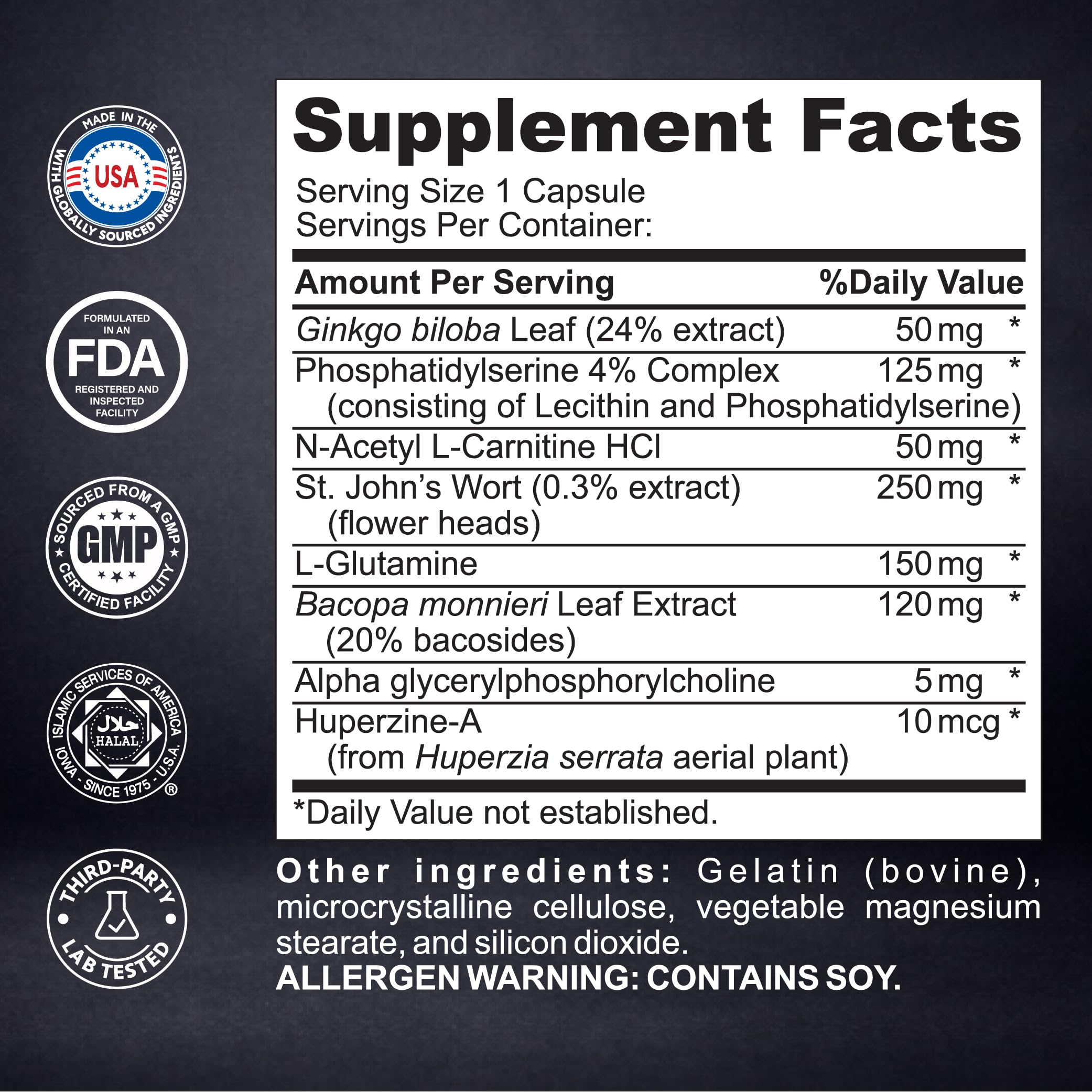 Nootropic Brain Supplement with Ginkgo & Huperzine for Memory & Focus Support