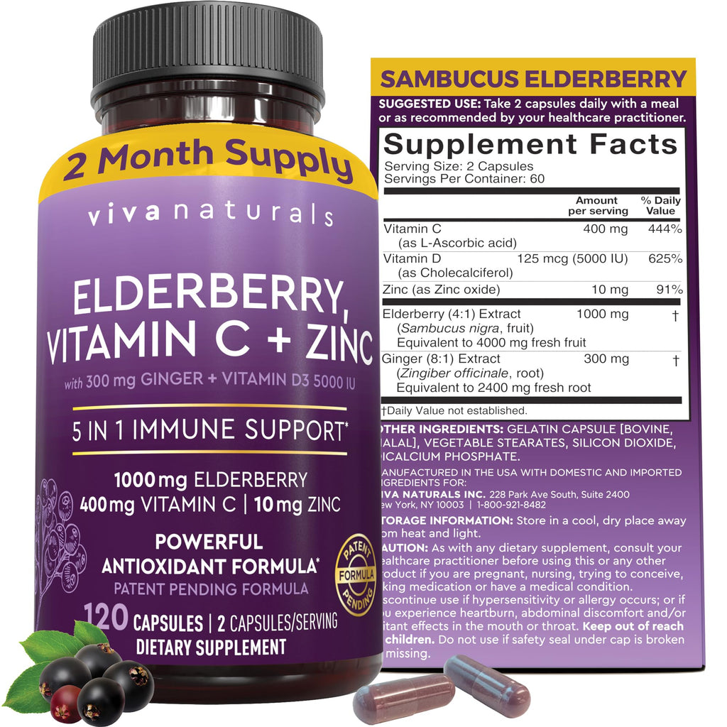 Elderberry Capsules with Vitamin C, Zinc & D3 for Immune Support