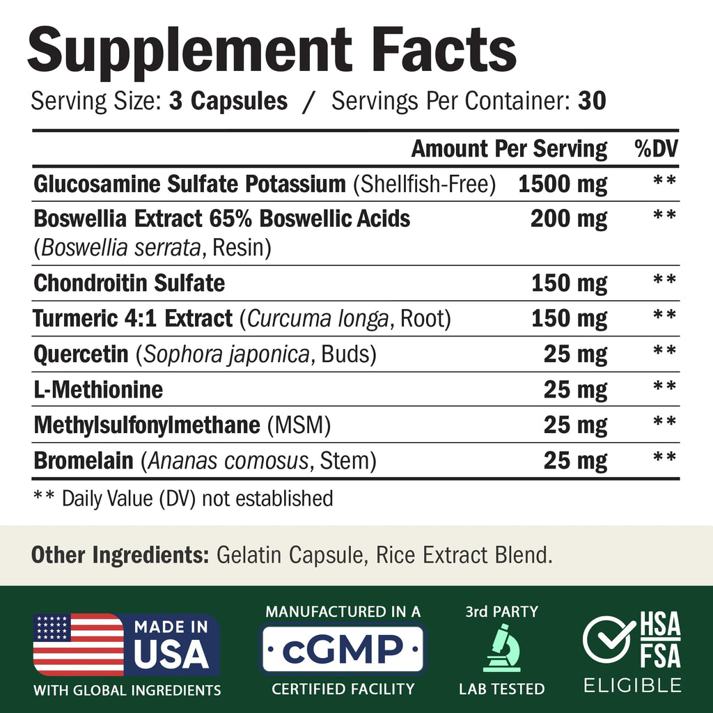 Glucosamine Chondroitin MSM Capsules for Joint Health & Flexibility Support 90 Ct
