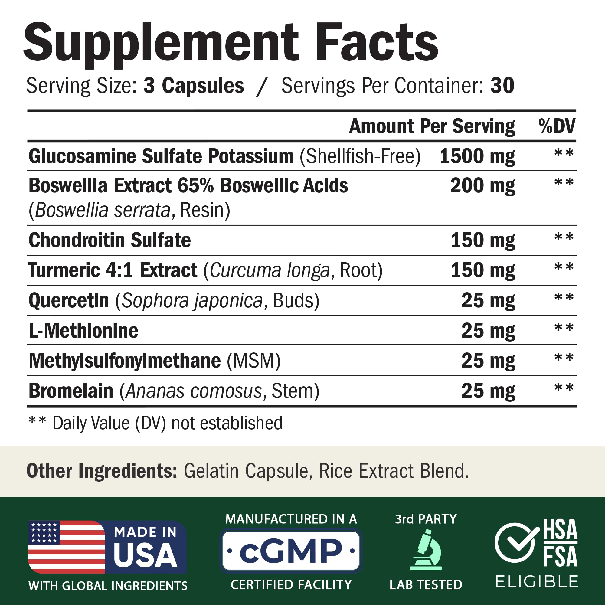 Glucosamine Chondroitin MSM Capsules for Joint Health & Flexibility Support 90 Ct