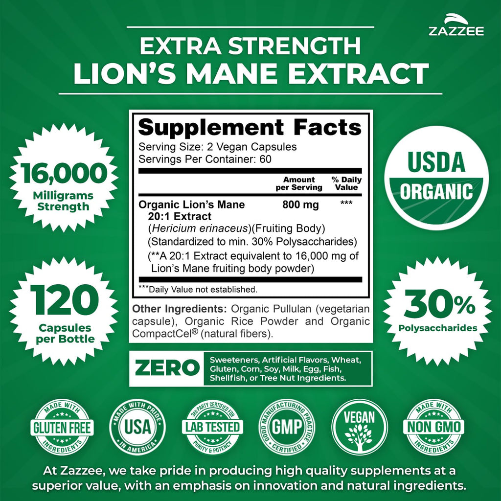 Lion’s Mane Extract 20:1 Capsules for Brain, Focus & Memory Support 120 Ct