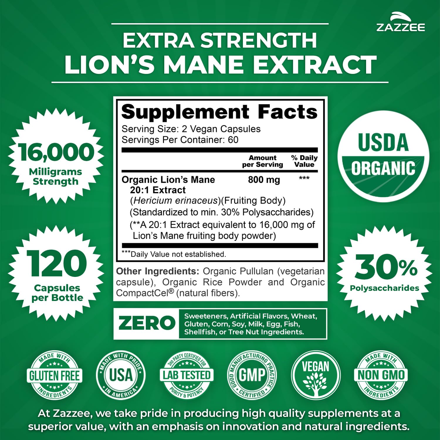 Lion’s Mane Extract 20:1 Capsules for Brain, Focus & Memory Support 120 Ct