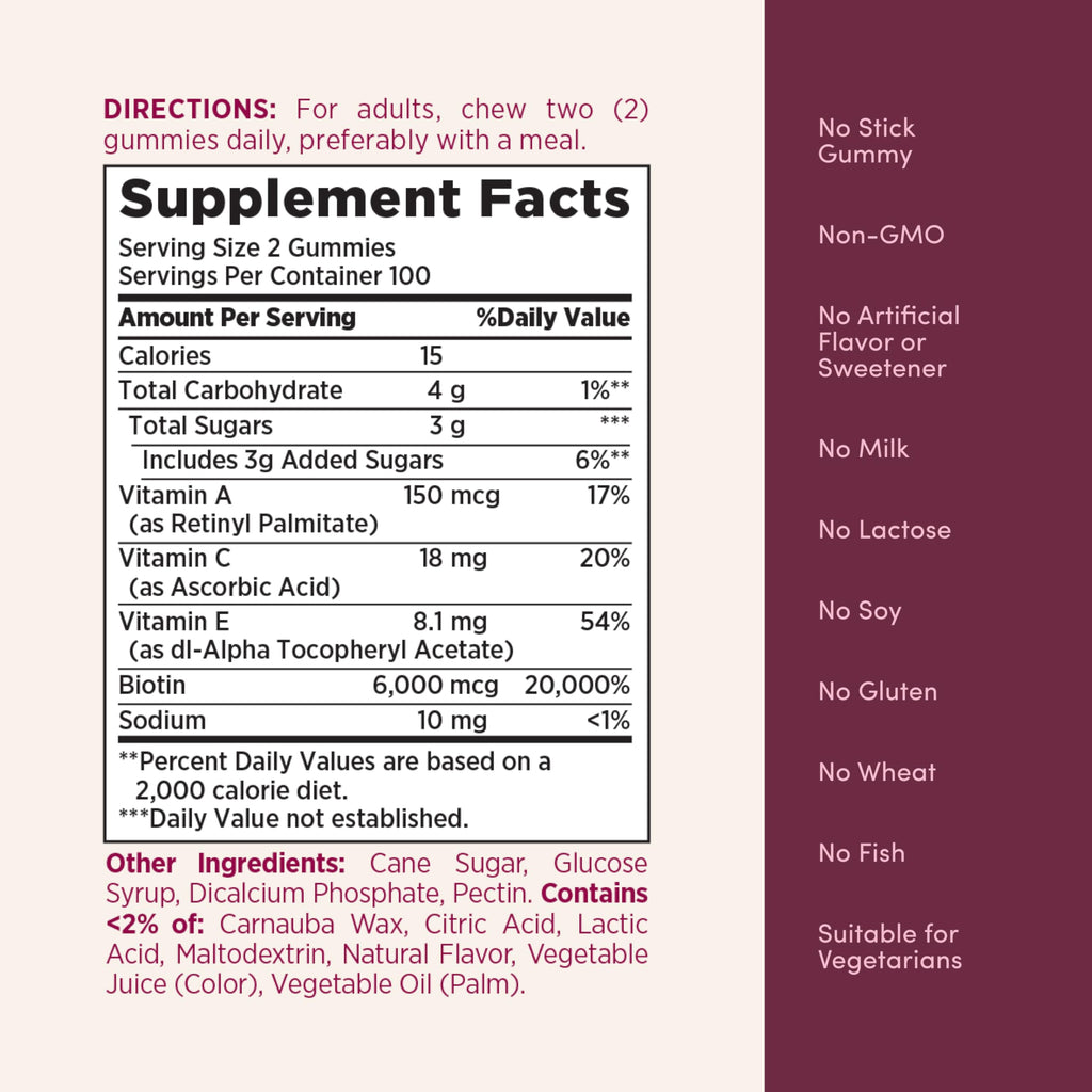 Hair Skin Nails Gummies Biotin Vegetarian 200 Count