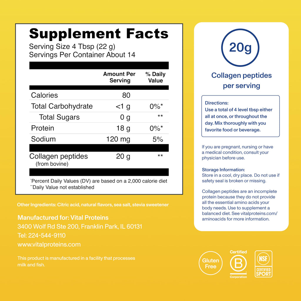 Lemon Collagen Peptides Powder Skin Hair Support 14 Servings