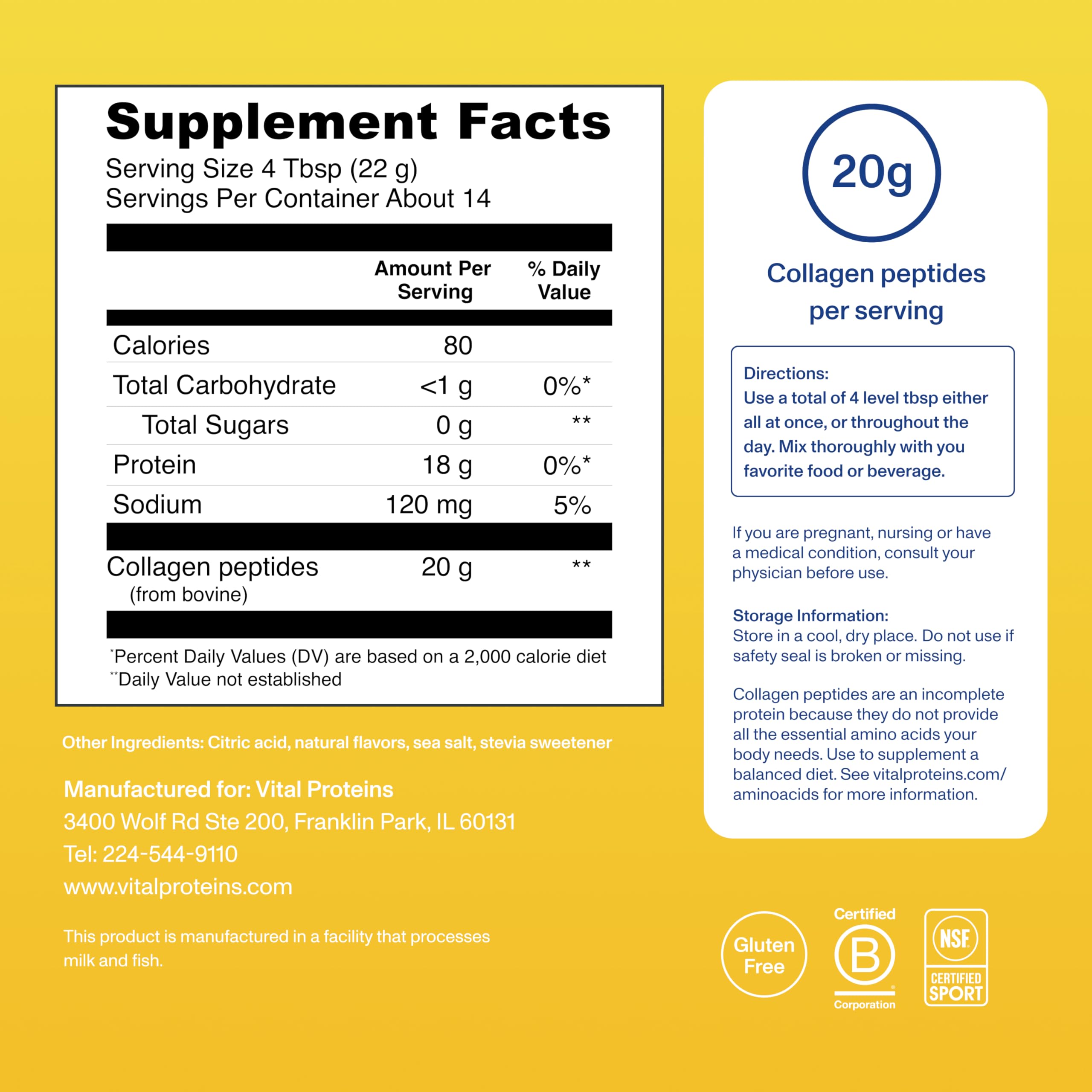 Lemon Collagen Peptides Powder Skin Hair Support 14 Servings