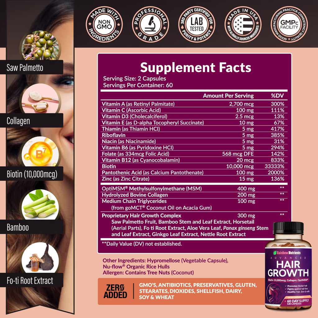 Hair Growth Vitamins Biotin 10000mcg Collagen MSM 60 Day Supply